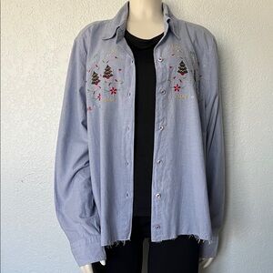 Y2K Embroidered Christmas Shirt L (Fits M) Love Joy Peace Chambray Top